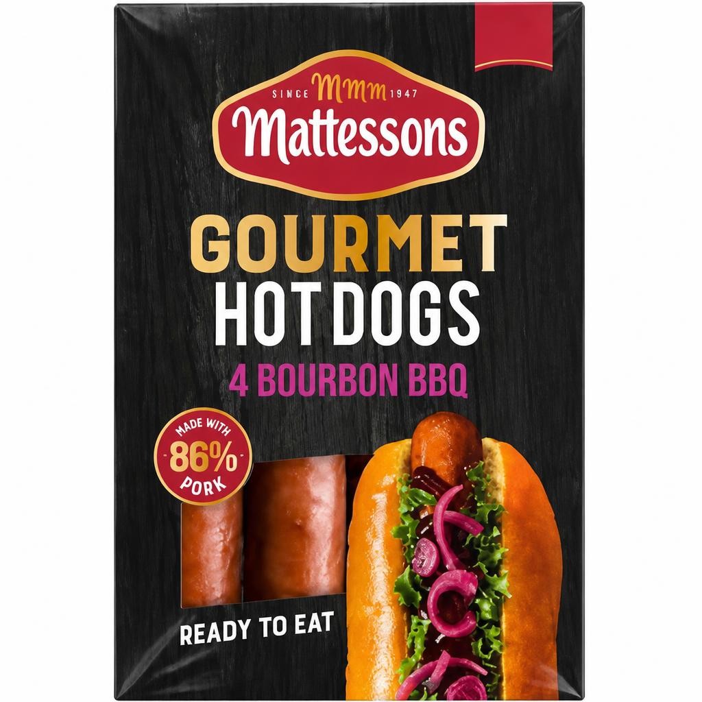 Mattessons 4 Gourmet Hot Dogs Bourbon BBQ 280g