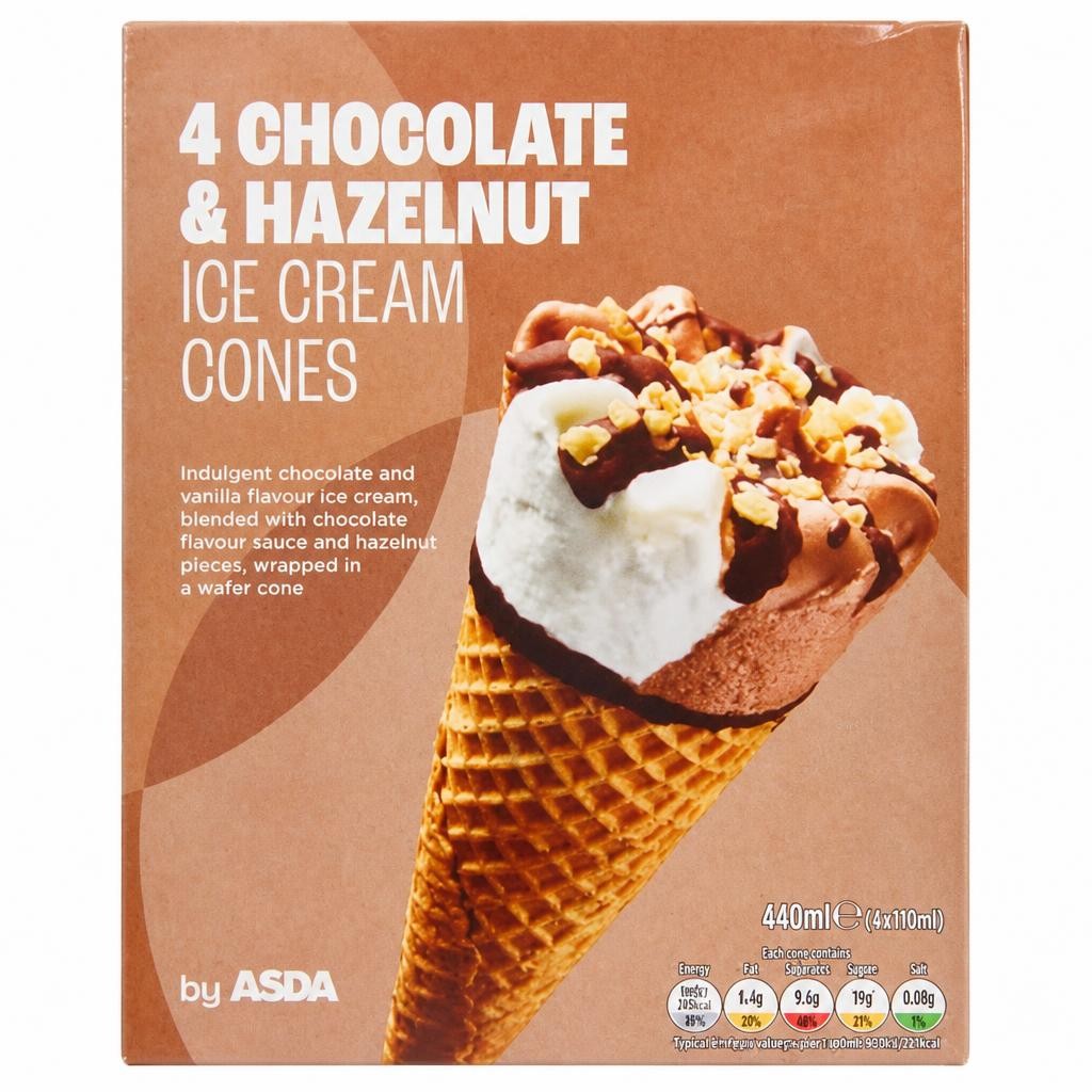 ASDA Chocolate & Hazelnut Ice Cream Cones 4 x 110ml (440ml)