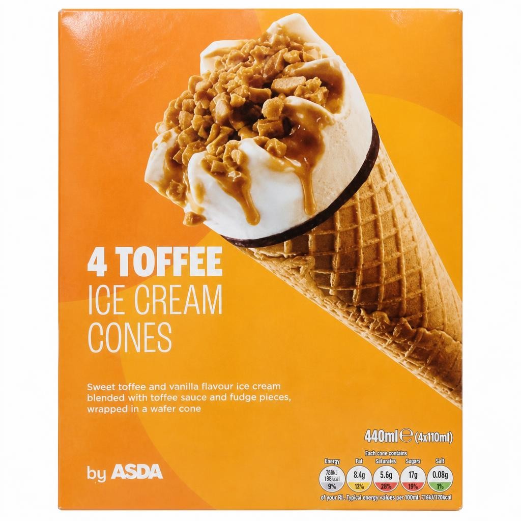 ASDA Toffee Ice Cream Cones 440ml (4 x 110ml)