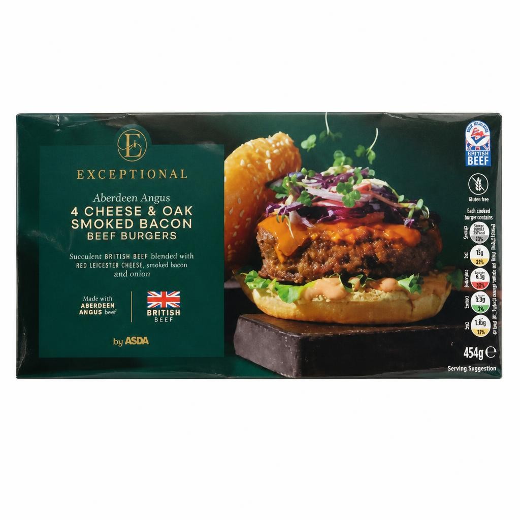 Exceptional by ASDA 4 Aberdeen Angus Cheese & Oak Smoked Bacon Beef Burgers 454g