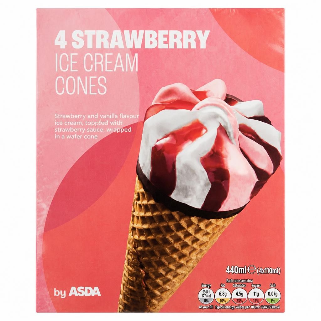 ASDA Strawberry Ice Cream Cones 4 x 110ml (440ml)