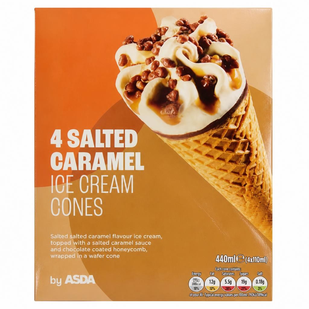 ASDA Salted Caramel Ice Cream Cones 4 x 110ml (440ml)