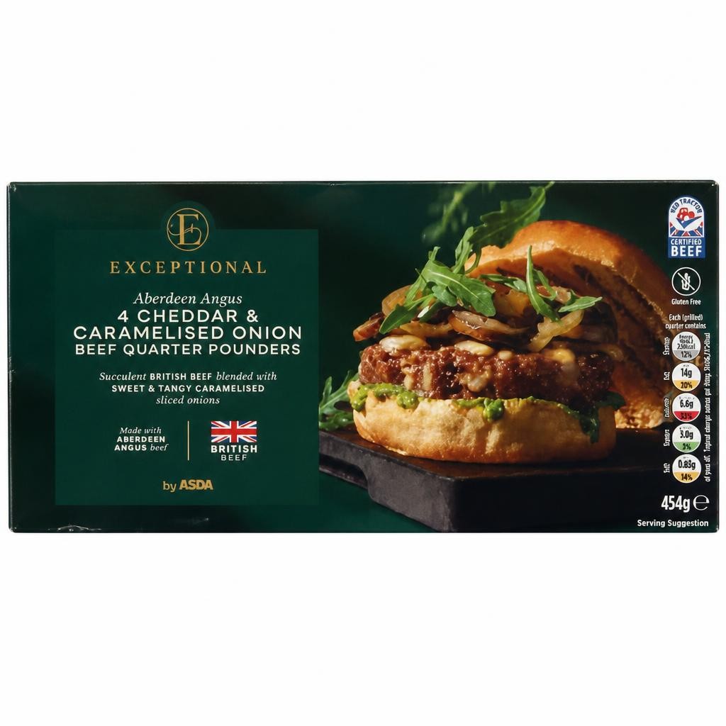 Exceptional by ASDA 4 Aberdeen Angus Cheddar & Caramelised Onion Beef Quarter Pounders 454g