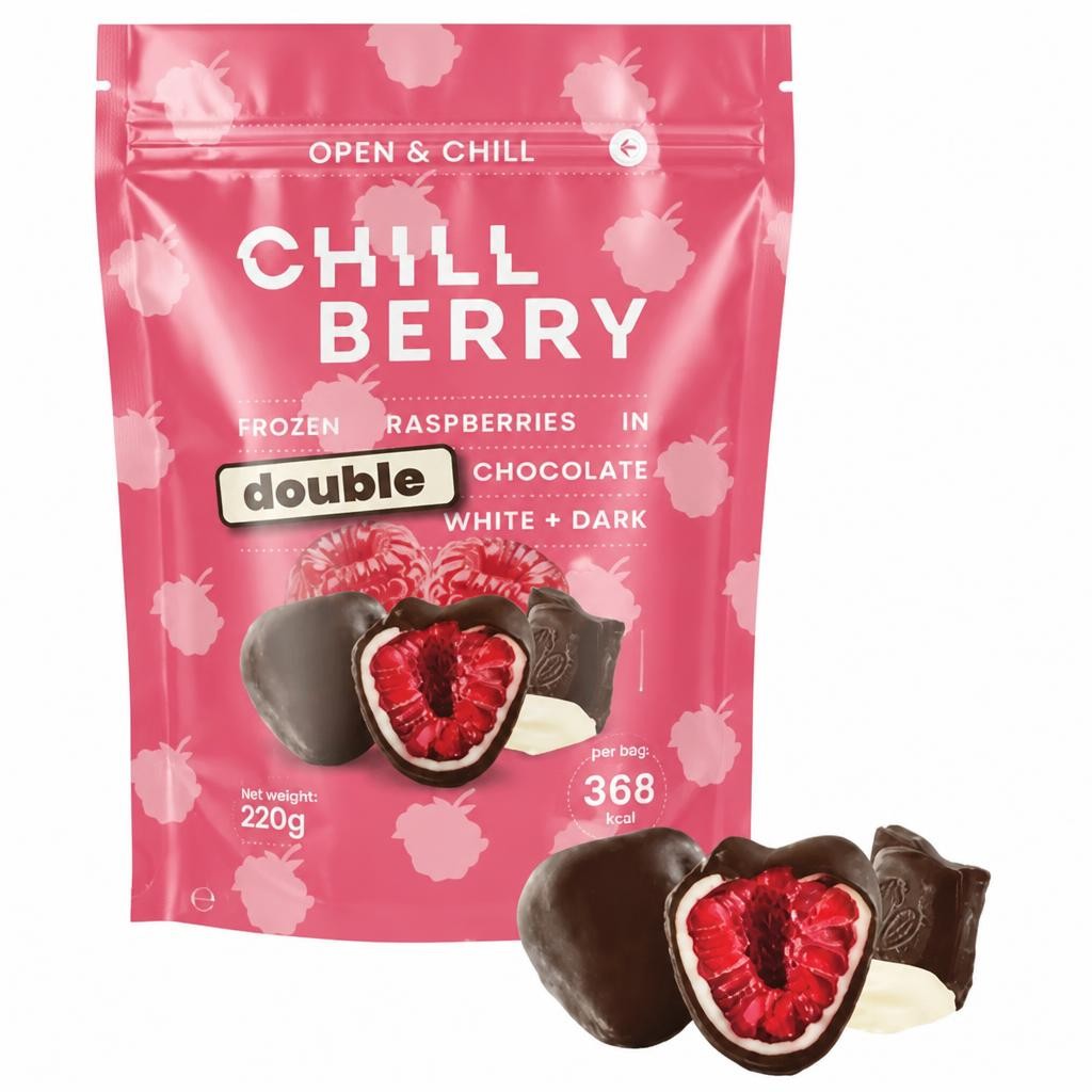 Chill Berry Frozen Raspberries in Double Chocolate White + Dark 220g