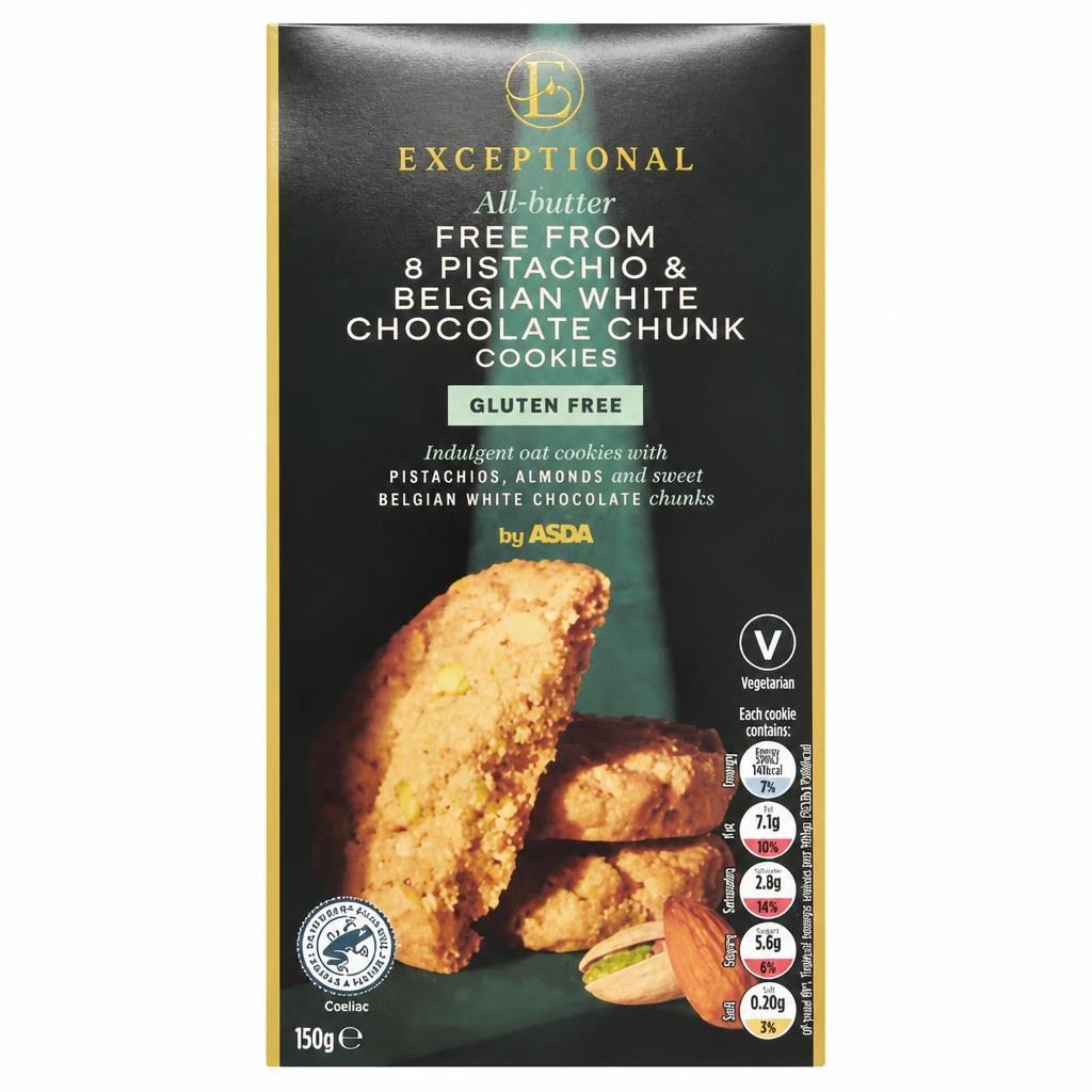 Exceptional by ASDA All-Butter Free From 8 Pistachio & Belgian White Chocolate Chunk Cookies 150g