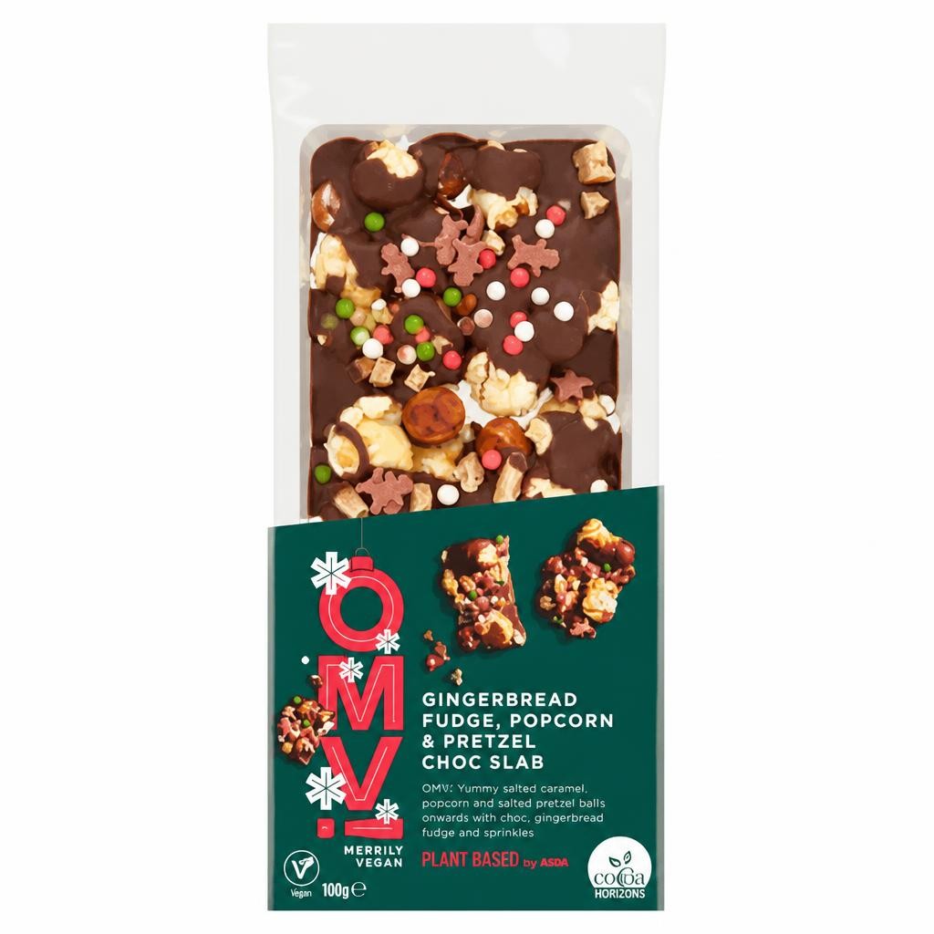 ASDA Plant Based by  OMV! Gingerbread Fudge, Popcorn & Pretzel Choc Slab 100g