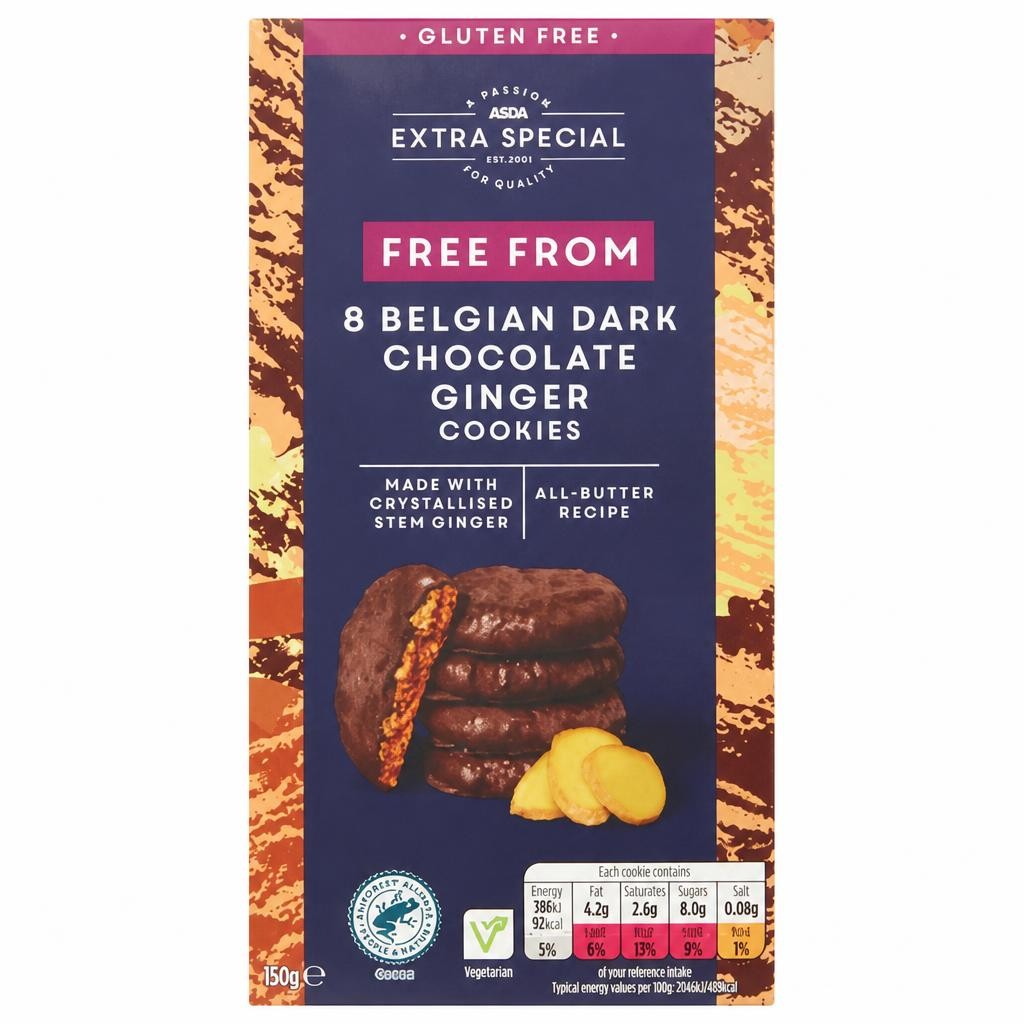 ASDA Extra Special Free From 8 Belgian Dark Chocolate Ginger Cookies 150g