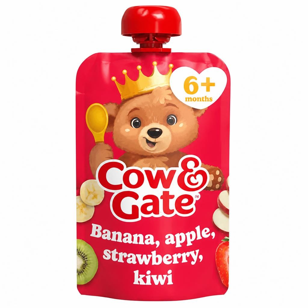 Cow & Gate Fruit Pouch Banana Apple Strawberry & Kiwi Baby Food Snack, 6+ Months, 100g