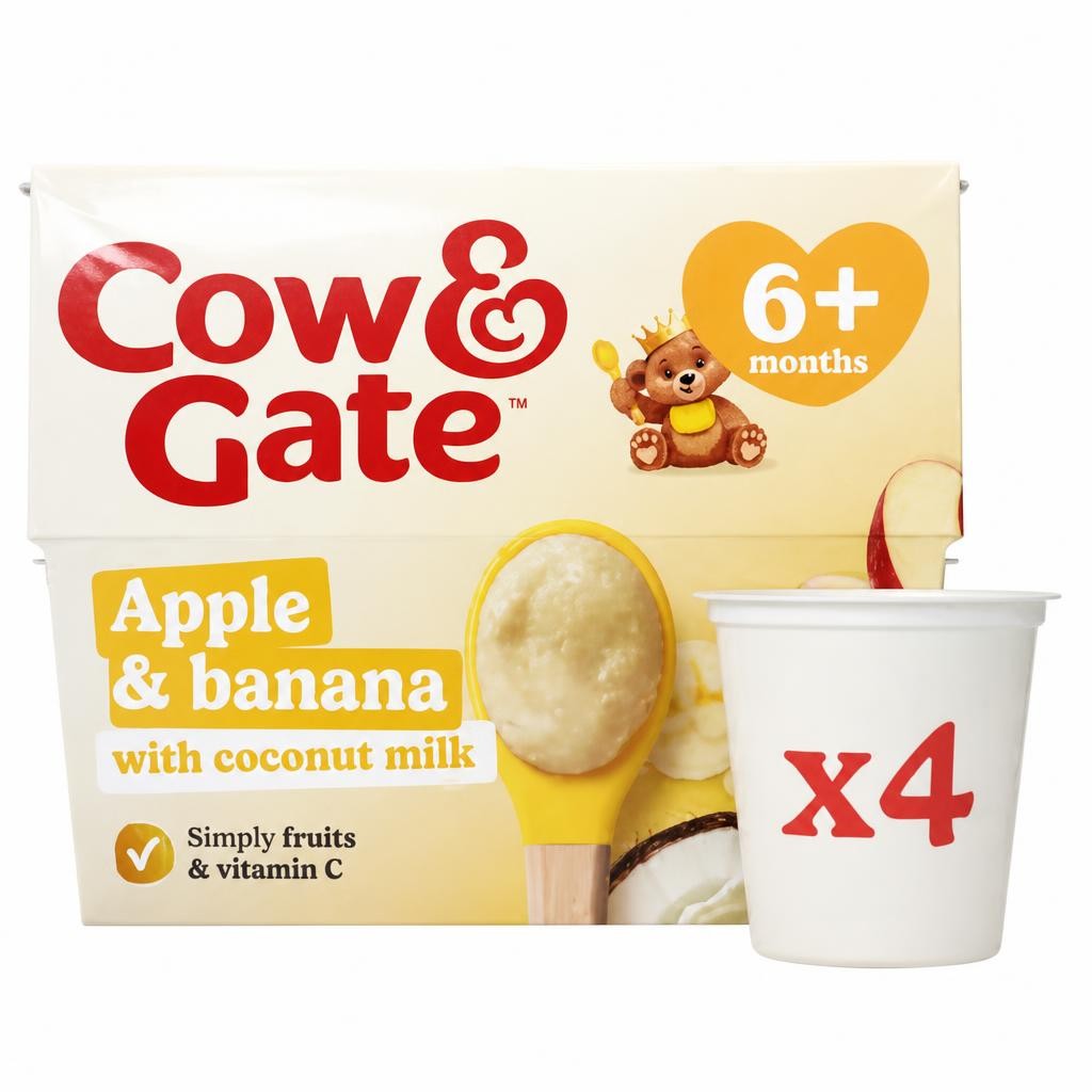 Cow & Gate Apple & Banana with Coconut Milk Baby Food Pot Multipack, 6+ Months, 4x95g