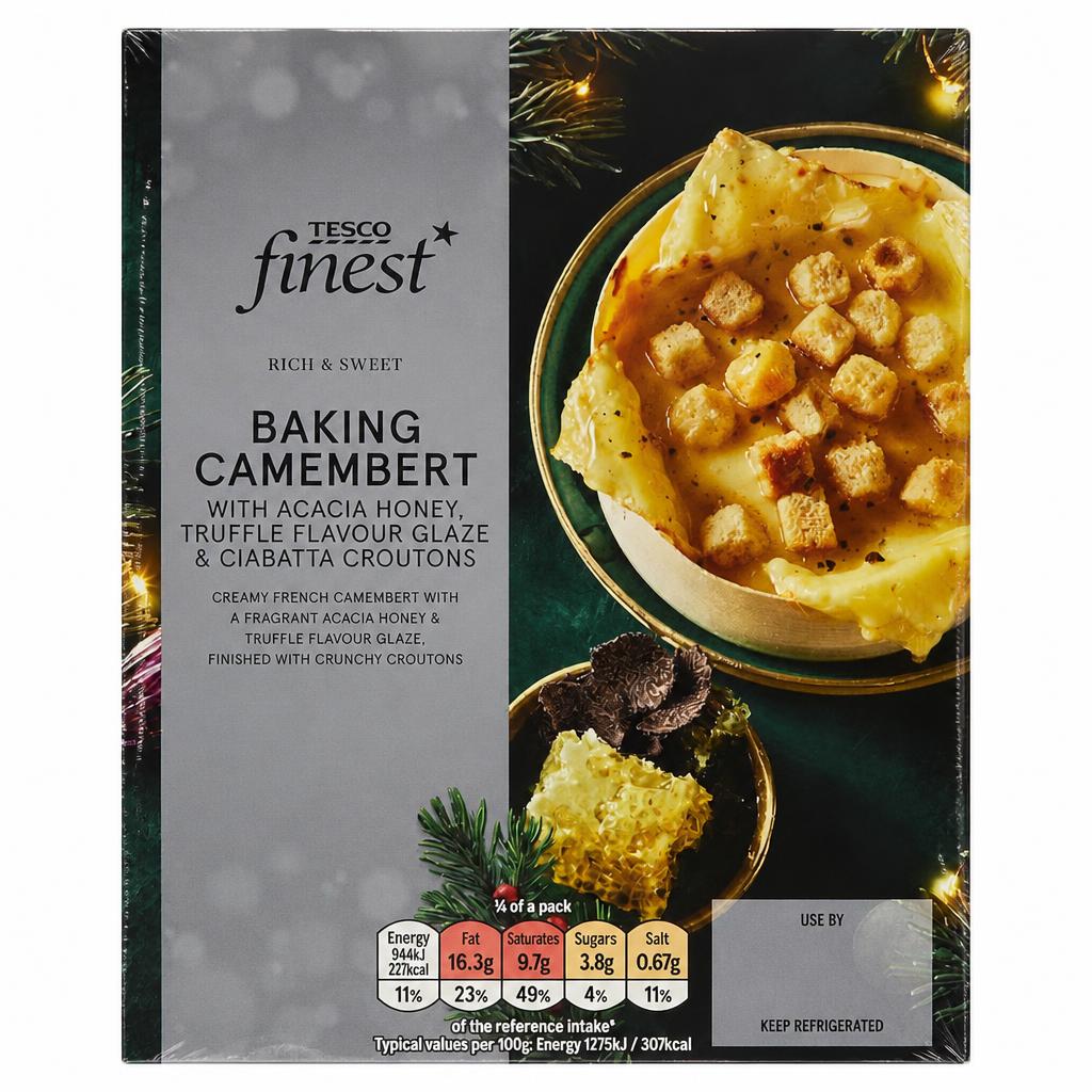 TESCO FINEST BAKING CAMEMBERT with ACACIA HONEY & TRUFFLE FLAVOURED GLAZE and CROUTONS 295g