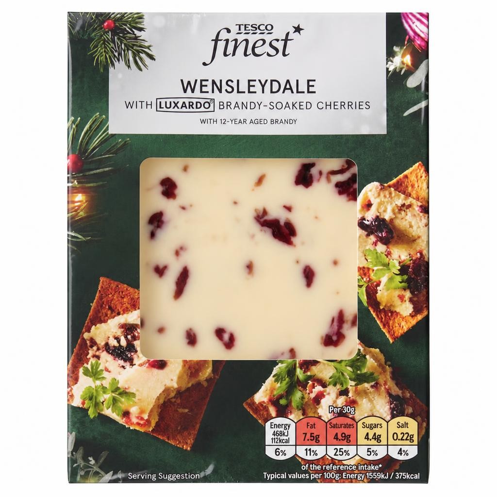 TESCO FINEST WENSLEYDALE WITH BRANDY SOAKED CHERRIES 180G
