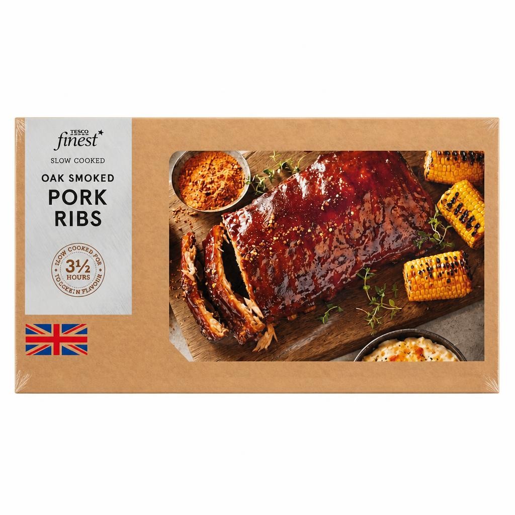 Tesco Finest Oak Smoked British Pork Ribs with Hot Wildflower Honey, Apple & Bourbon glaze 995g