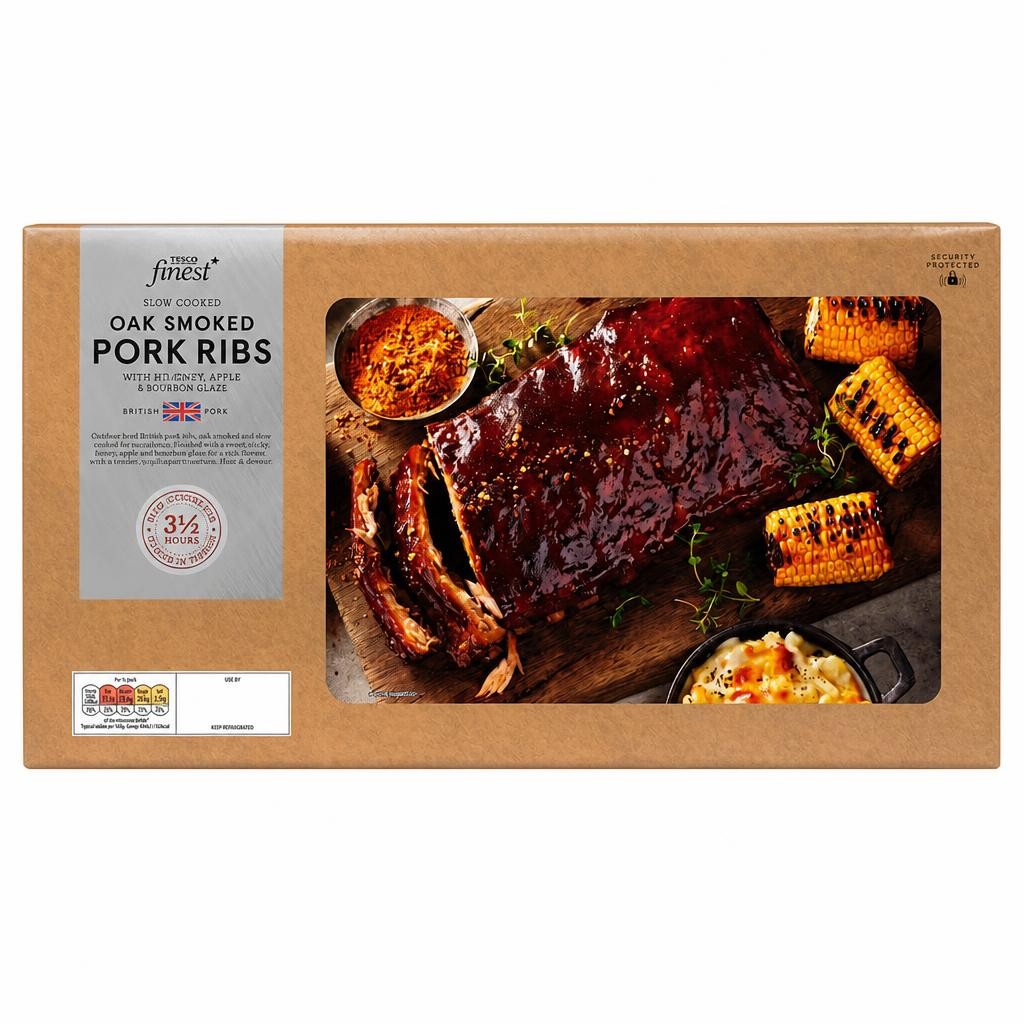 Tesco Finest Oak Smoked British Pork Ribs with Hot Wildflower Honey, Apple & Bourbon glaze 995g