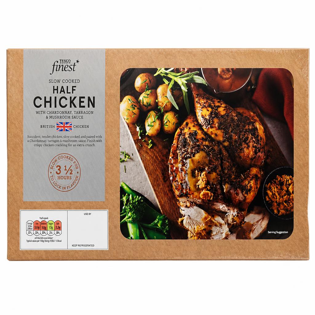 Tesco Finest Slow cooked British 1/2 Chicken basted with Chicken stock with a Chardonney, Tarragon & Mushroom sauce 948g