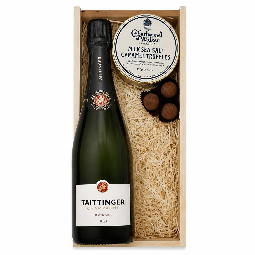 Taittinger Brut Reserve Champagne And Milk Sea Salt Charbonnel Chocolates Box 75cl 12.5% abv