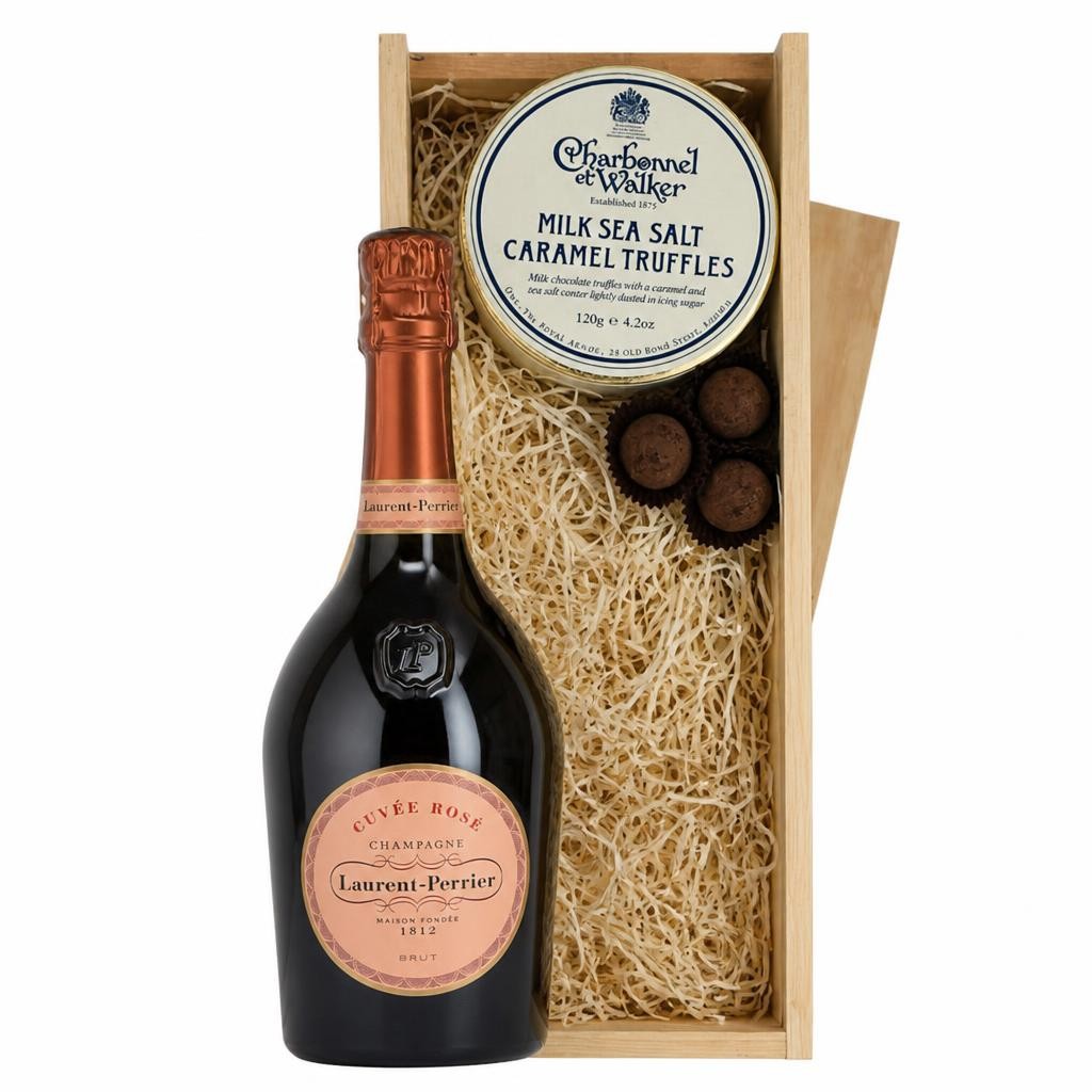Laurent Perrier Cuvee Rose Champagne And Milk Sea Salt Charbonnel Chocolates Box 75cl 12% abv