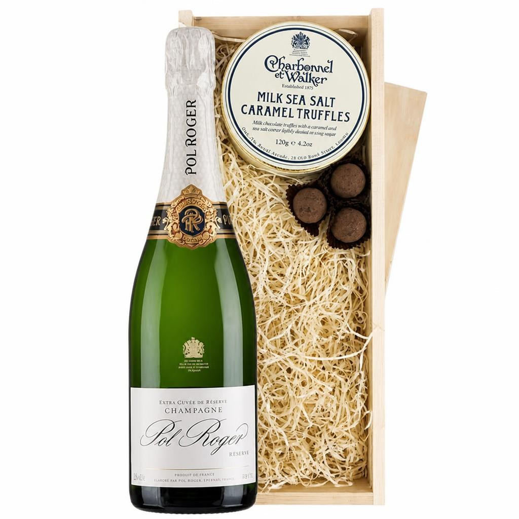 Pol Roger Brut Reserve Champagne And Milk Sea Salt Charbonnel Chocolates Box 75cl 12.5% abv