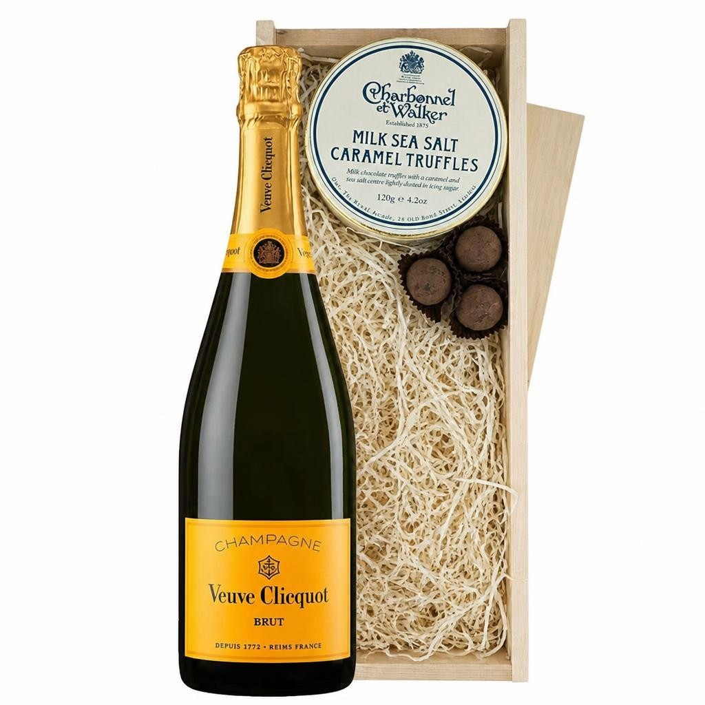 Veuve Clicquot Brut Yellow label Champagne And Milk Sea Salt Charbonnel Chocolates Box 75cl 12% abv