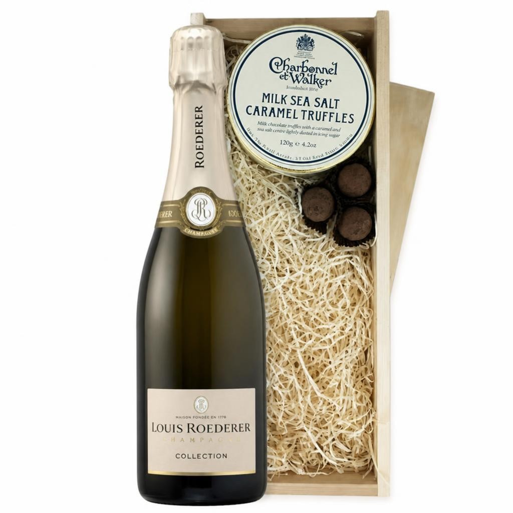 Louis Roederer Collection Brut Champagne And Milk Sea Salt Charbonnel Chocolates Box 75cl 12.5% abv