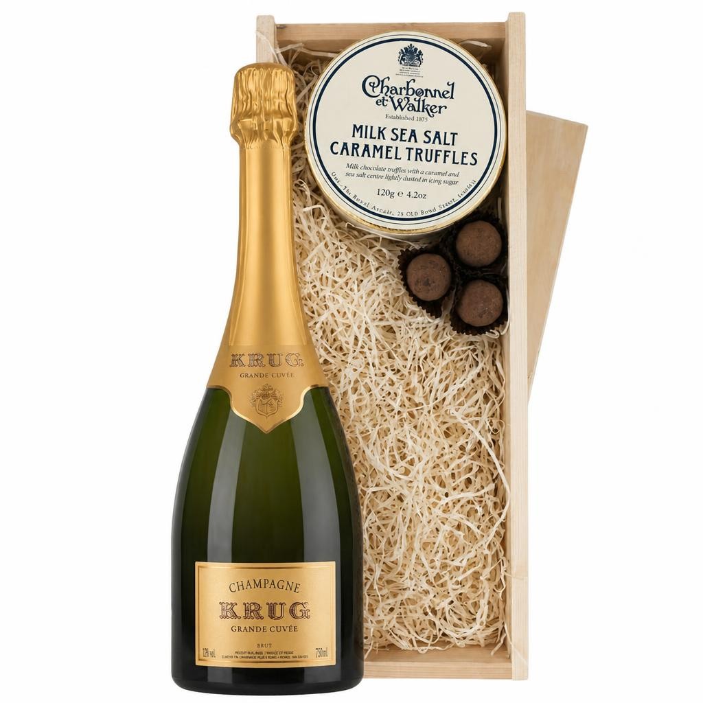 Krug Grande Cuvee Editions Brut Champagne And Milk Sea Salt Charbonnel Chocolates Box 75cl 12.5% abv