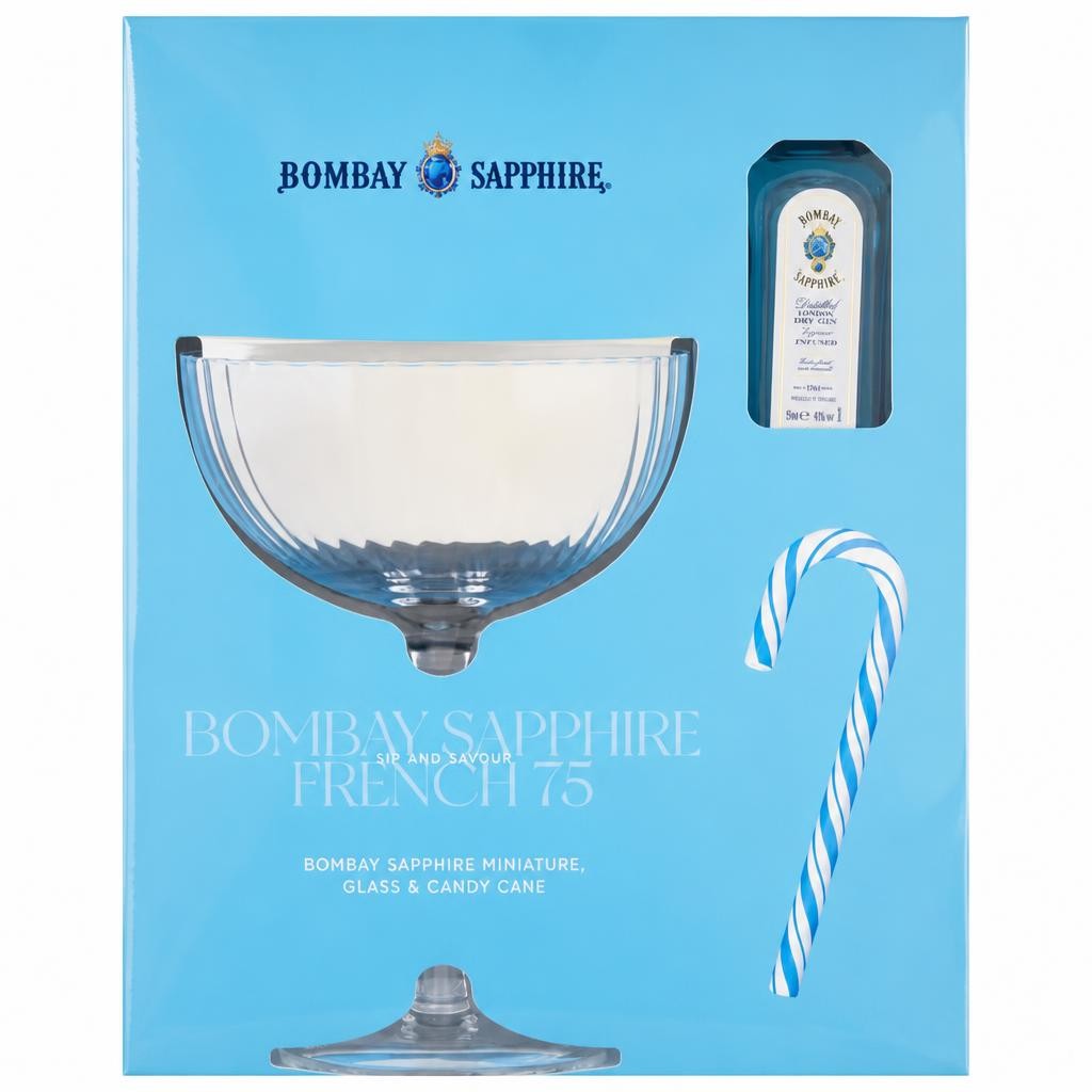 Bombay Sapphire Gin Miniature 5cl, Glass and Candy Cane