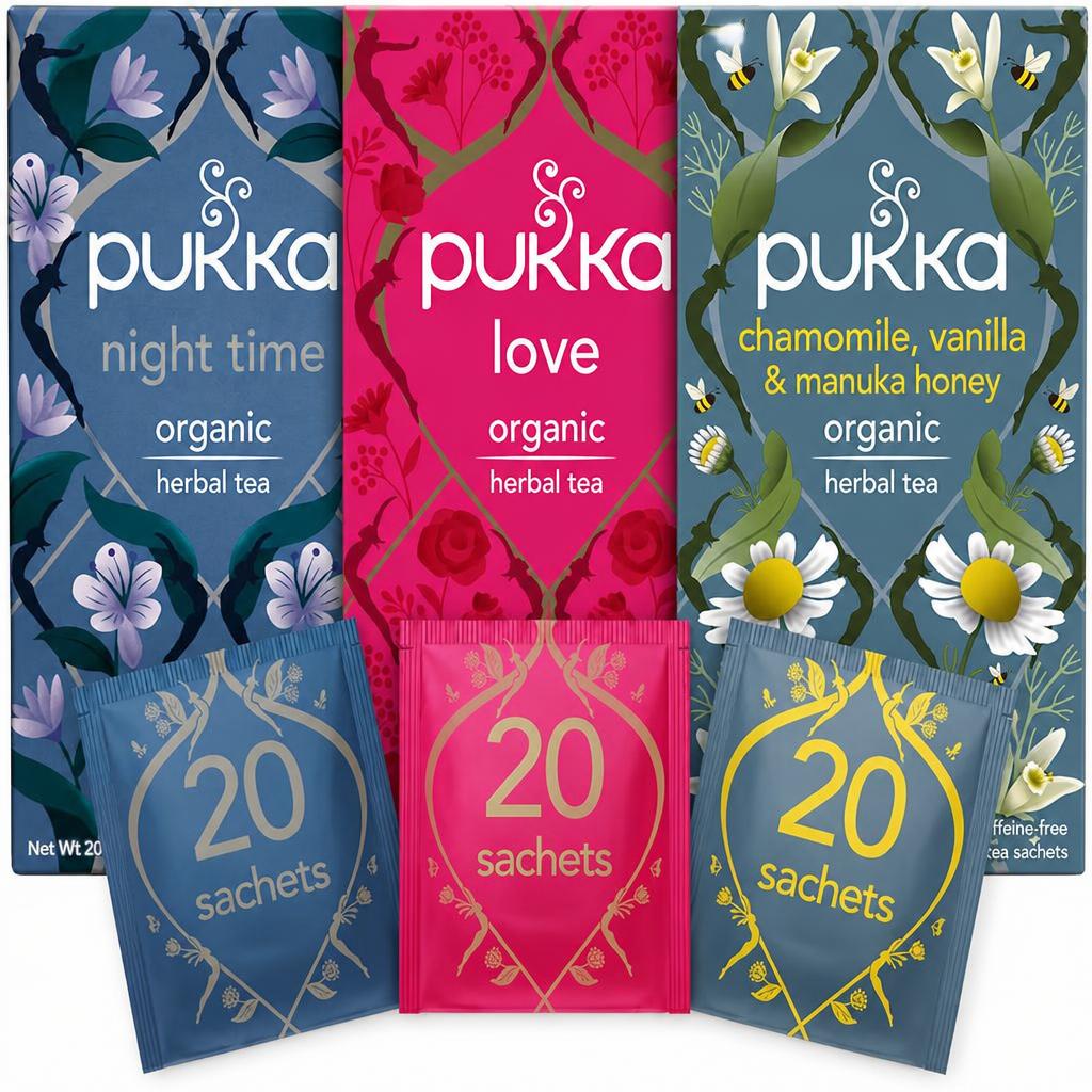 Pukka Herbs Organic Herbal Tea, Relaxing  Tea Selection with Night Time, Love, & Chamomile Vanilla & Honey, 3 Packs of 20 Teabags | Multi