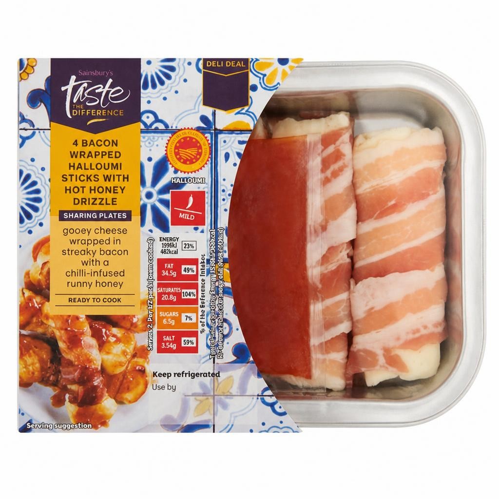Sainsbury's Bacon Wrapped Halloumi Sticks with Hot Honey Drizzle, Taste the Difference x4 250g