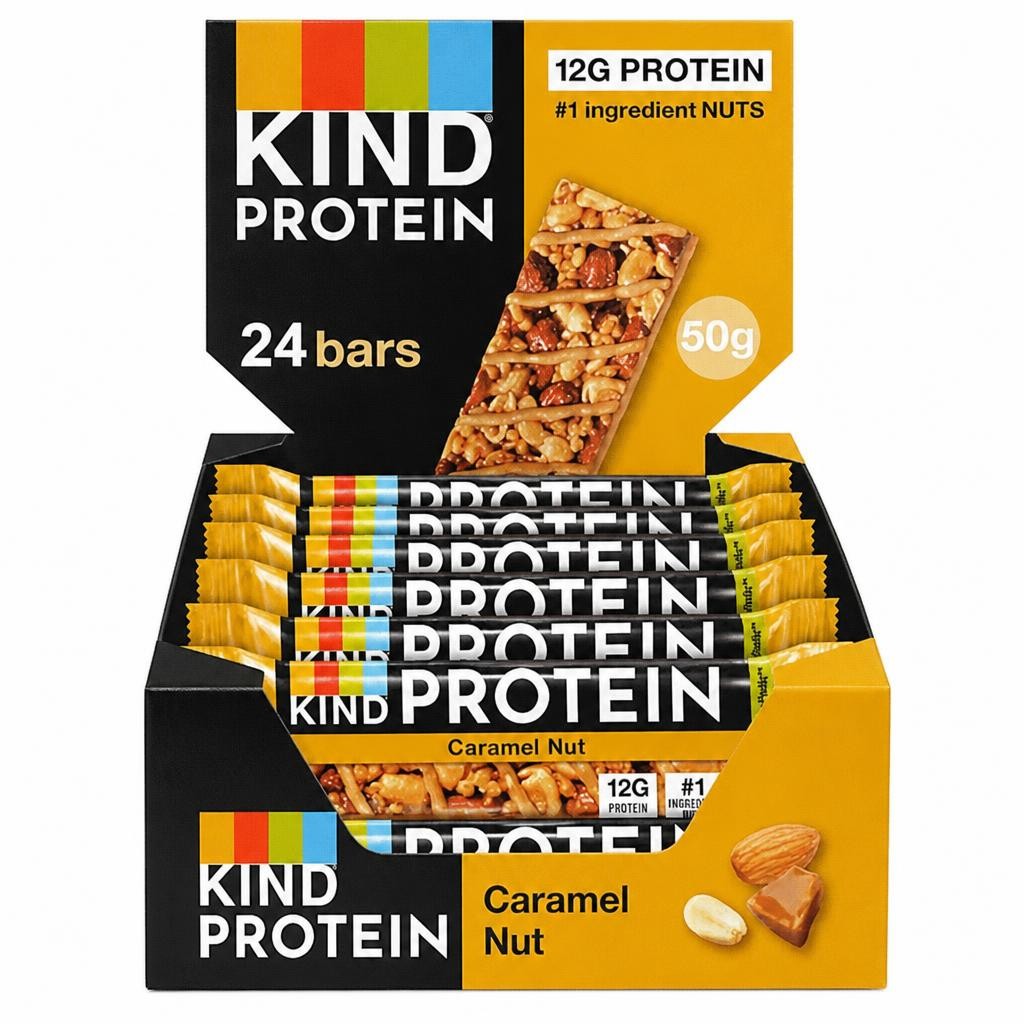 KIND Protein Bars, Gluten Free Snack Bars, Caramel Nut, High Fibre, Source of Protein, No Artificial Colours, Flavours or Preservatives, Multipack 24 x 50g