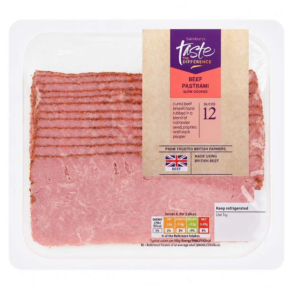 Sainsbury's Lightly Seasoned Cooked British Beef Brisket Pastrami, Taste the Difference 120g