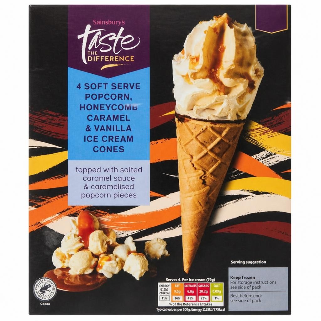 Sainsbury's Popcorn, Honeycomb Caramel & Vanilla Ice Cream Cones, Taste the Difference x4 316g