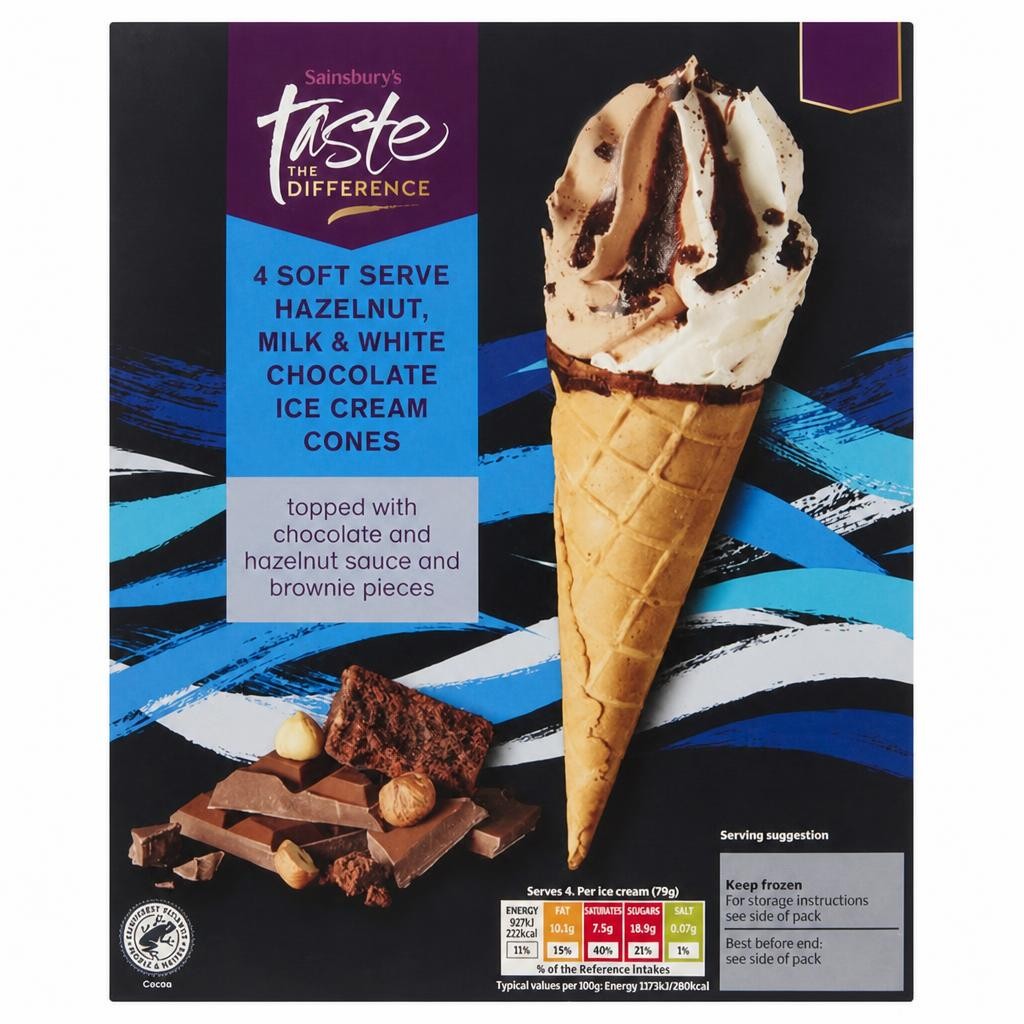 Sainsbury's Hazelnut, Milk & White Chocolate Ice Cream Cones, Taste the Difference x4 316g