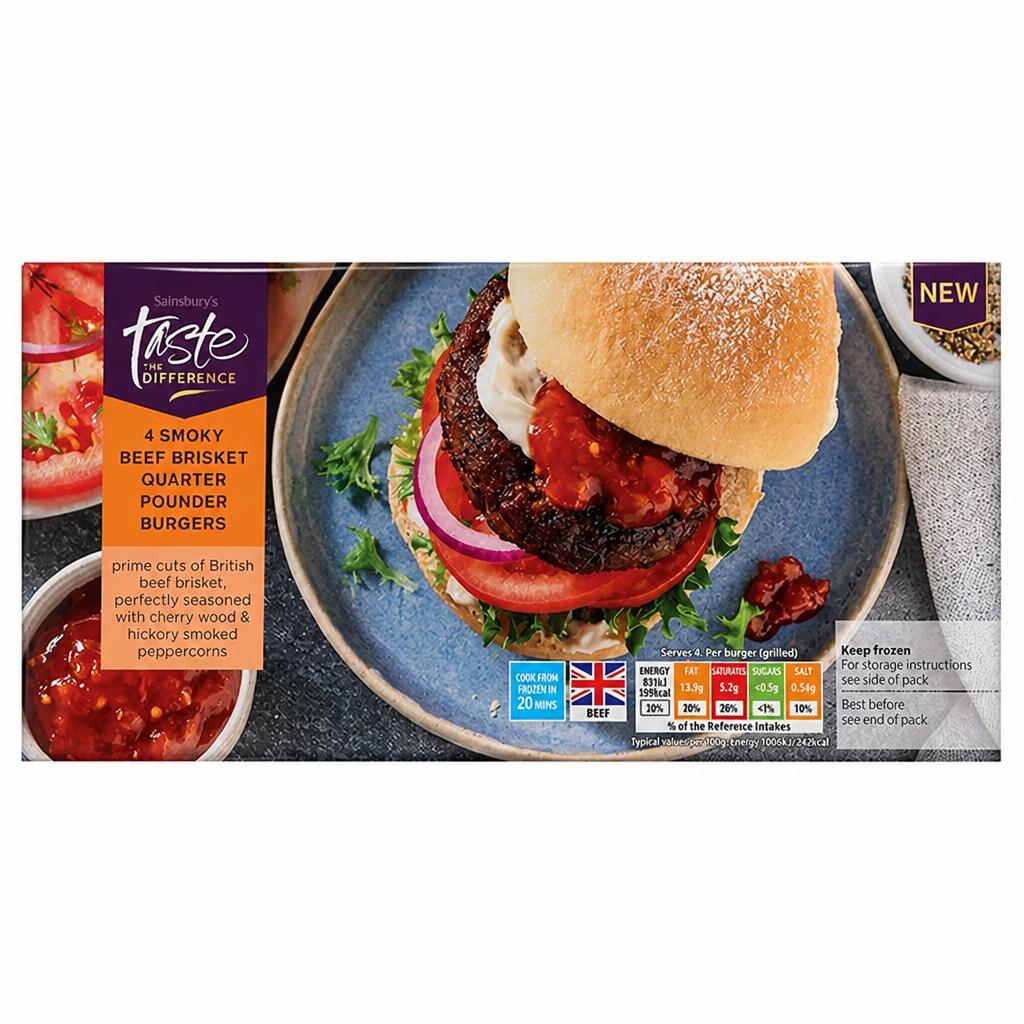 Sainsbury's Smoky Beef Brisket Quarter Pounder Burgers, Taste the Difference x4 454g