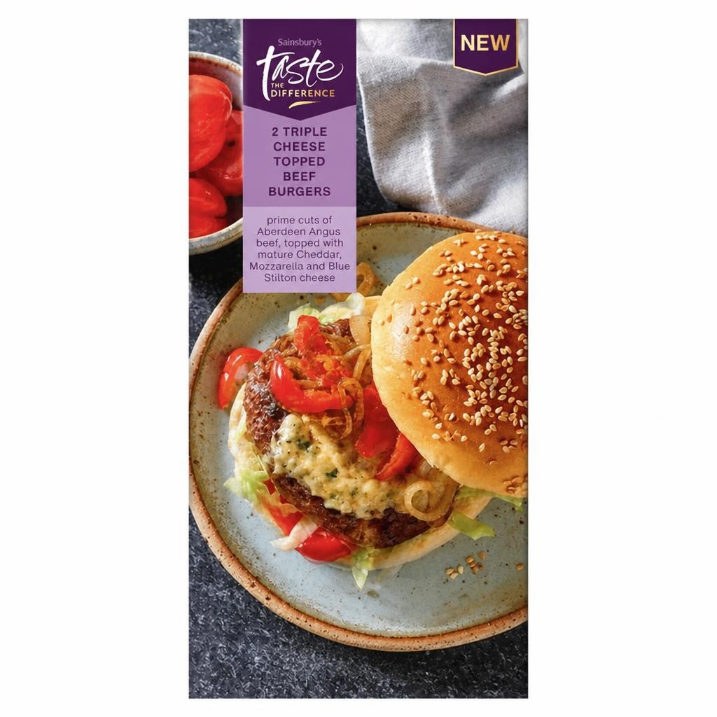 Sainsbury's Triple Cheese Topped Beef Burgers, Taste the Difference x2 322g
