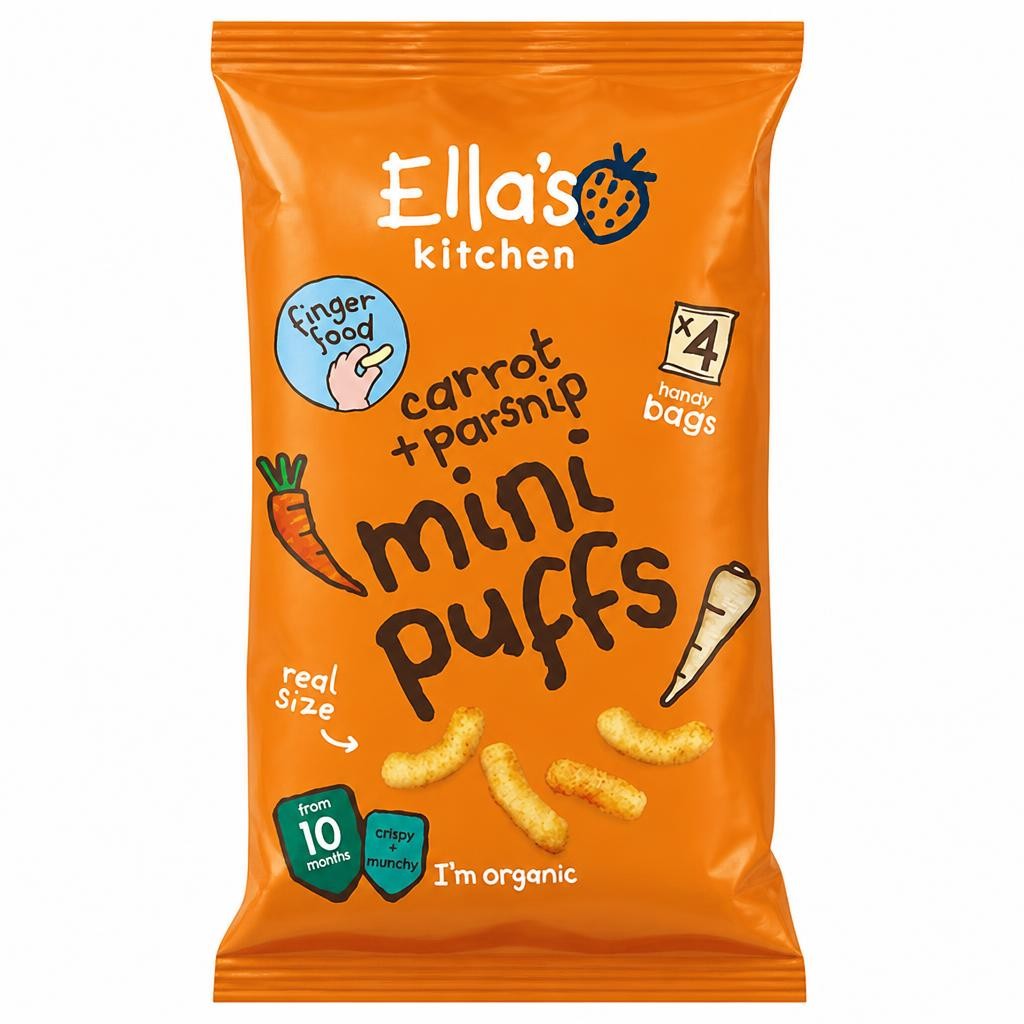 Ella's Kitchen Organic Carrot & Parsnips Mini Puffs Multipack Baby Snack 10+ Months 4x8g