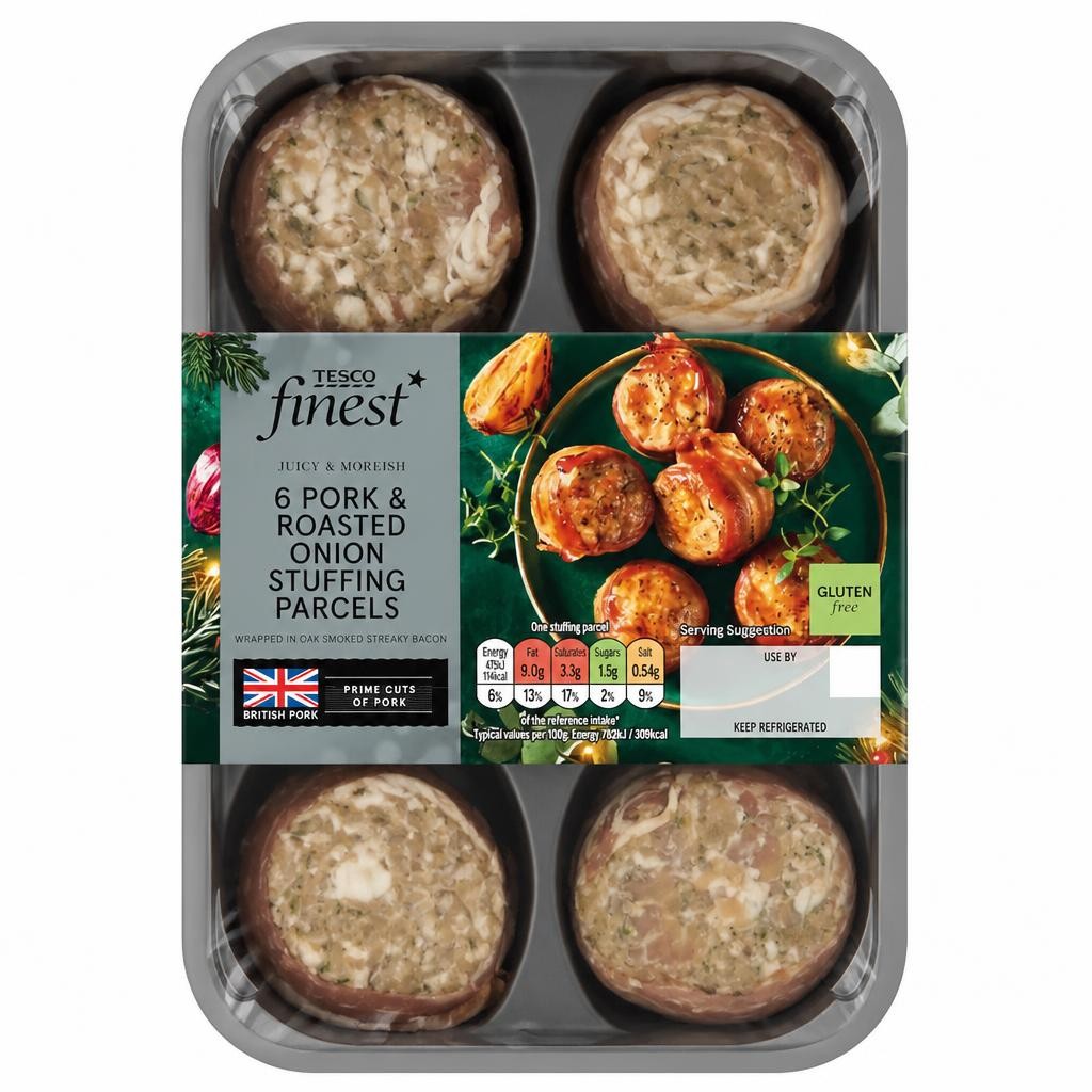 Tesco Finest 6 Pork & Roasted Onion Stuffing Parcels in Bacon 300g