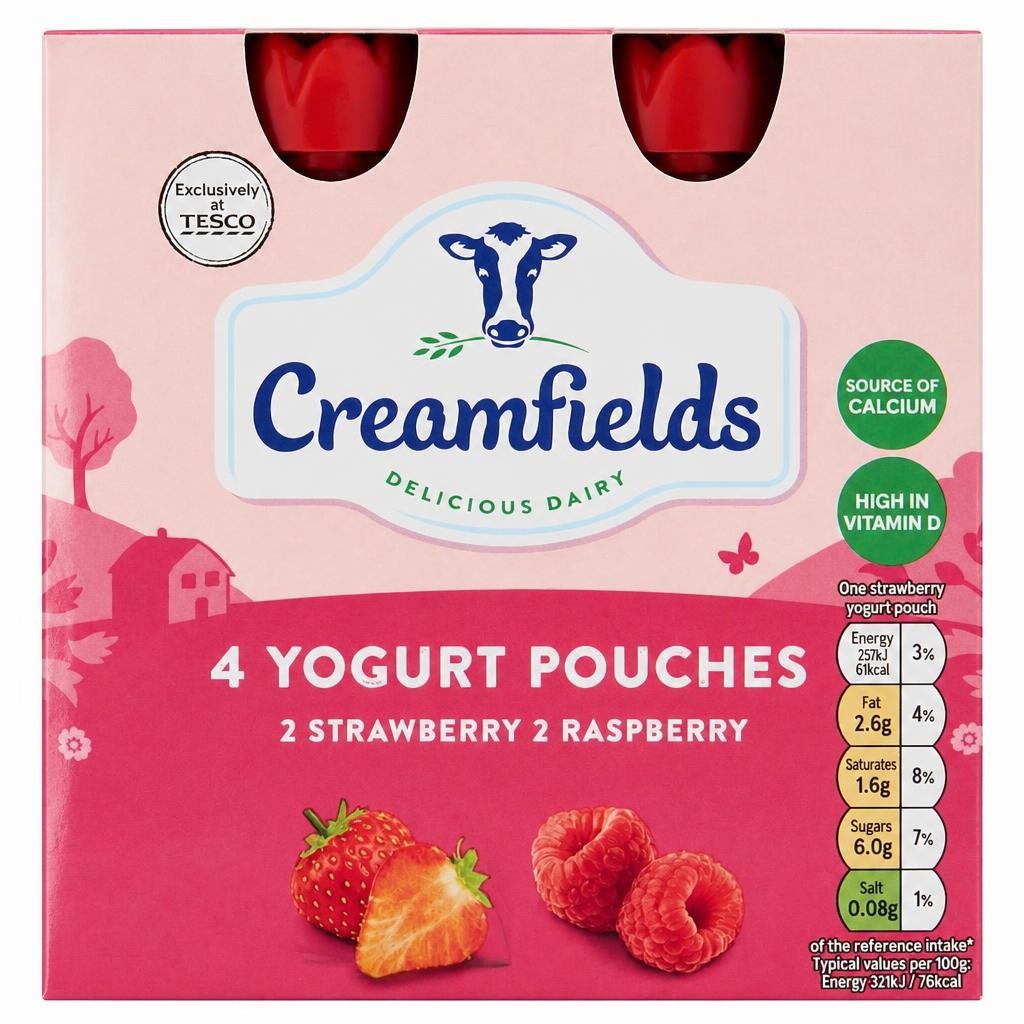 Creamfields 4 Pack Strawberry Raspberry Yogurt Pouches 320G