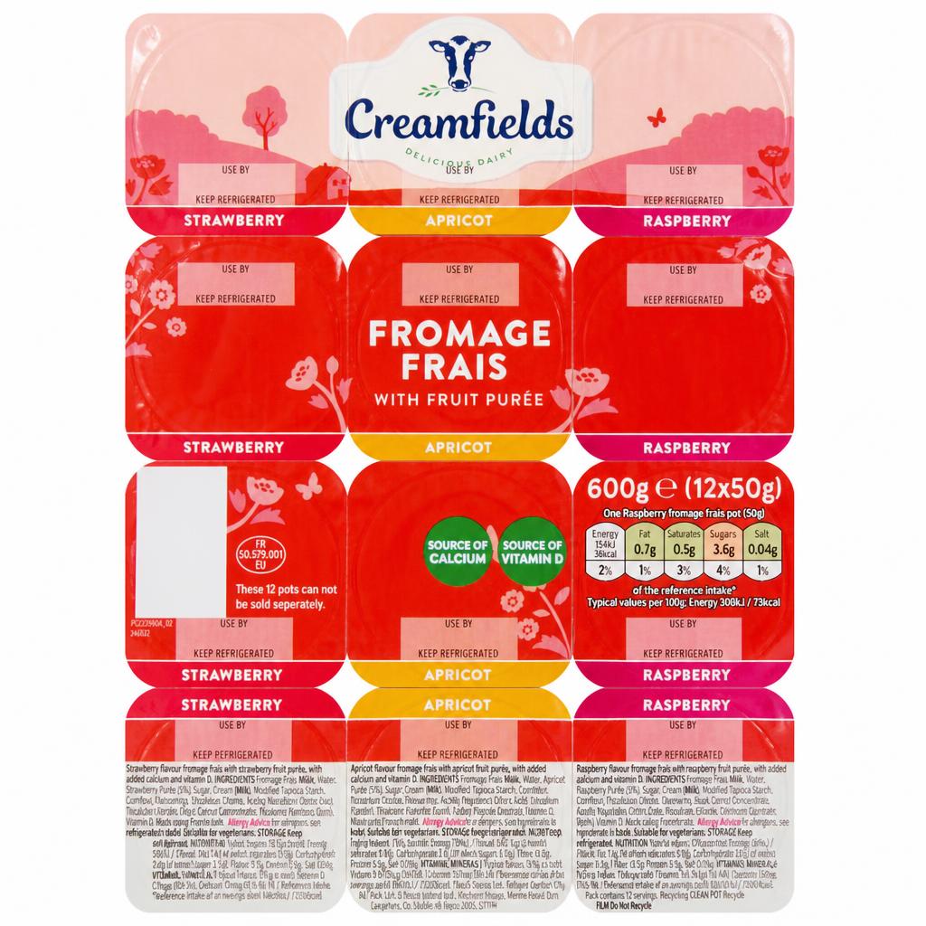 Creamfields Apricot Strawberry Raspberry Fromage Frais 12 X 50G