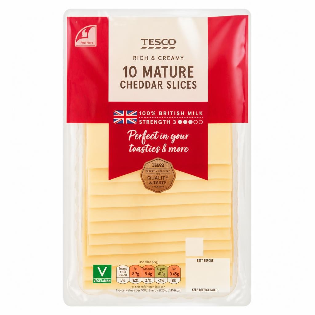 Tesco British Mature Cheddar Cheese 10 Slices, 250 G