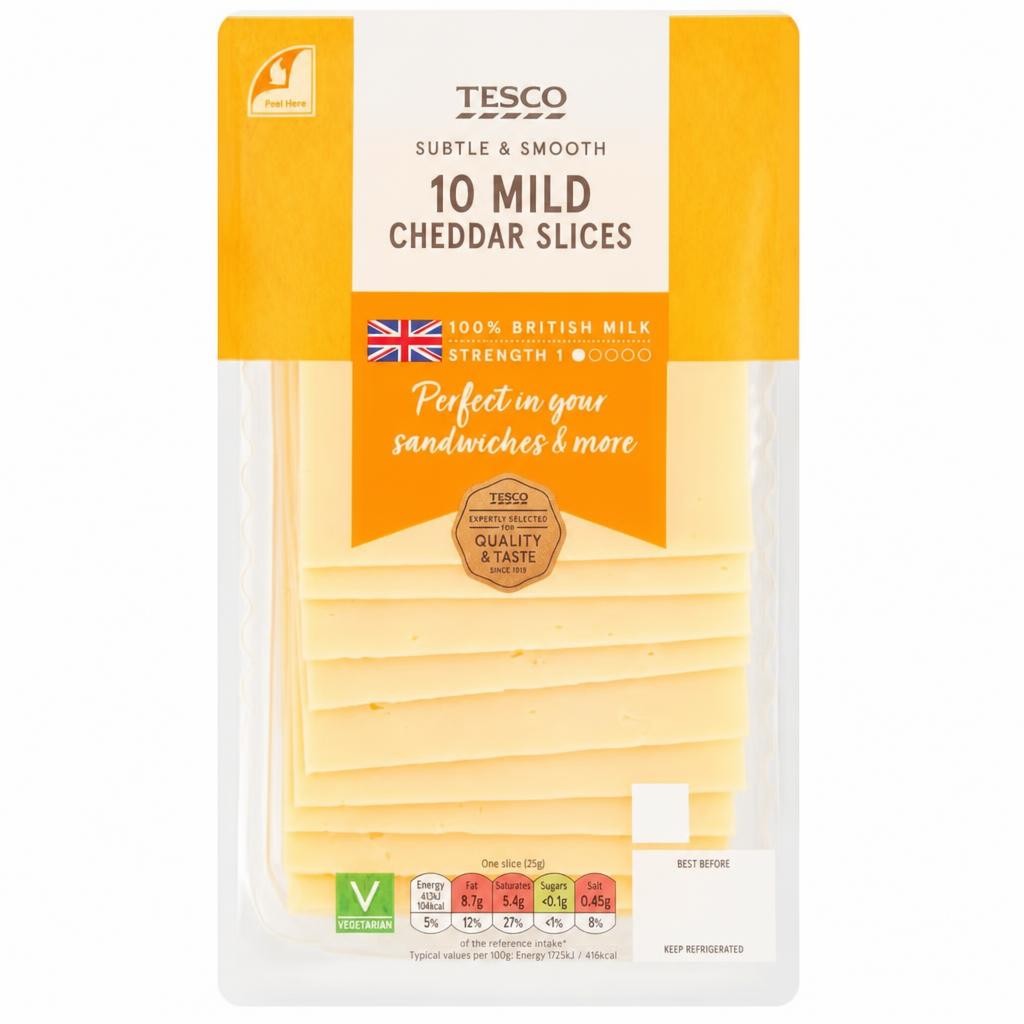 Tesco British Mild Cheddar Cheese 10 Slices, 250 G