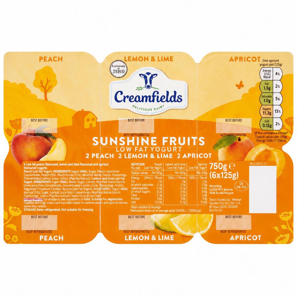 Creamfields Low Fat Sunshine Fruit Yogurt 6X125g