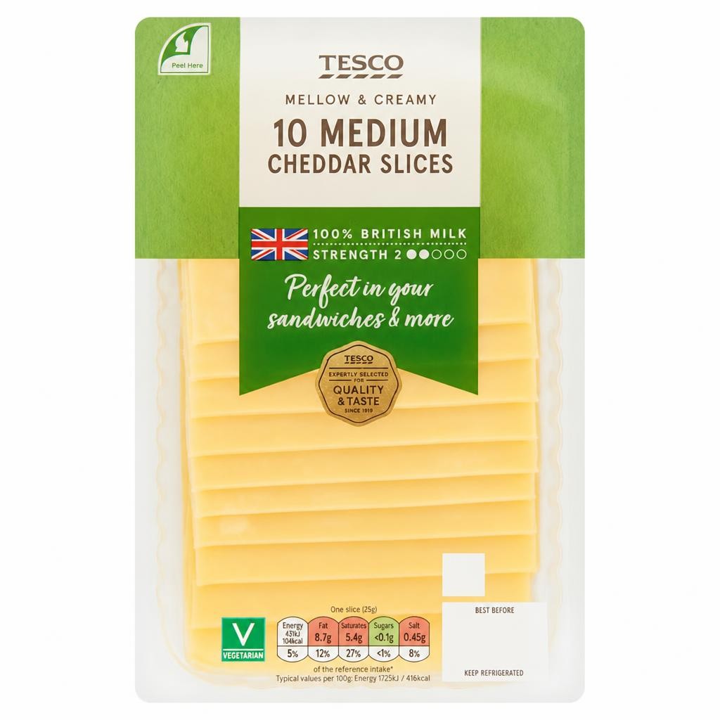 Tesco British Medium Cheddar 10 Slices, 250 G