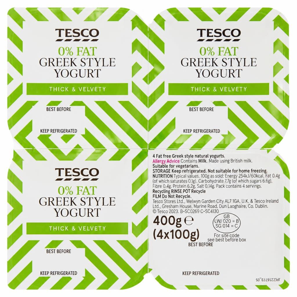 Tesco 0% Fat Greek Style Yogurt 4X100g