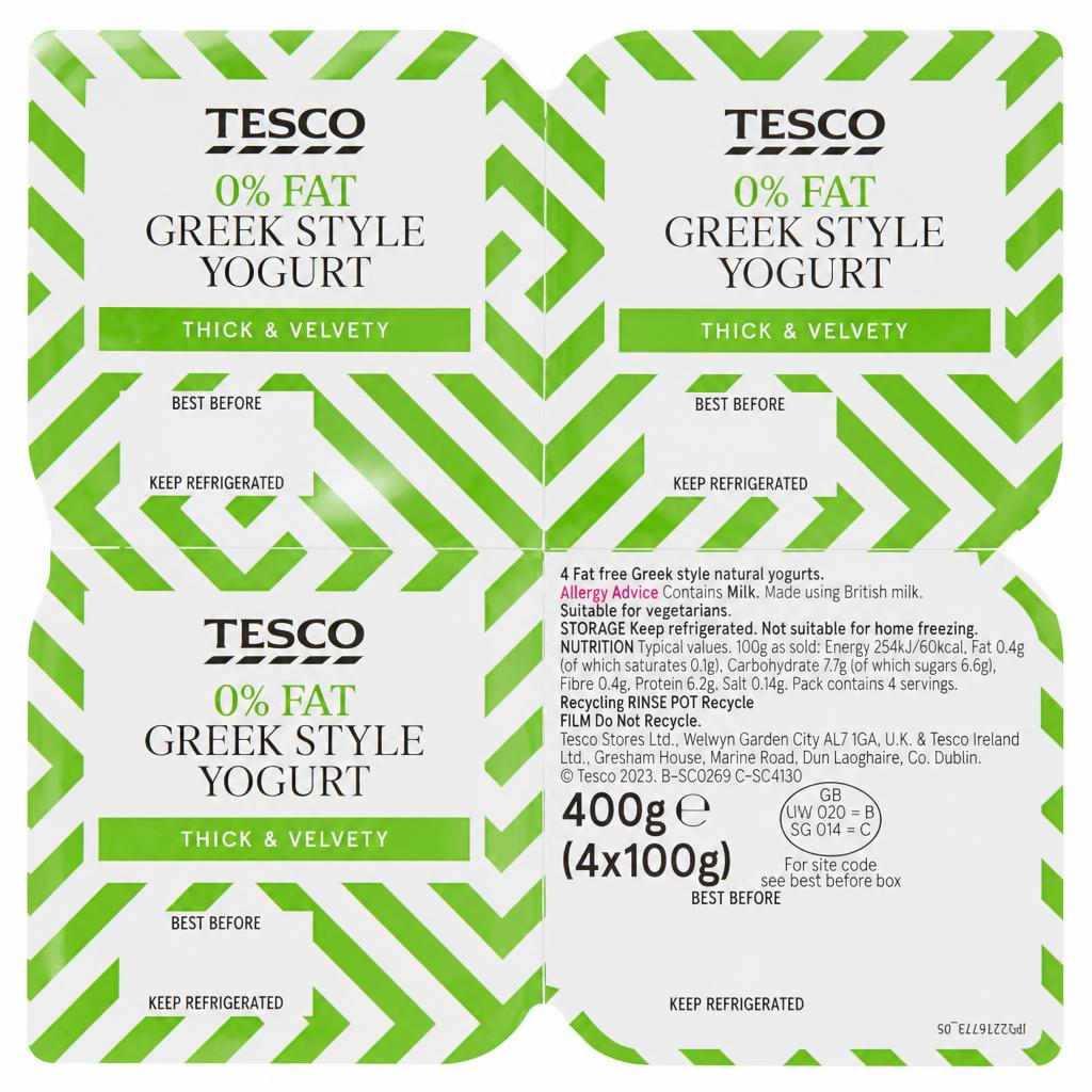 Tesco 0% Fat Greek Style Yogurt 4X100g