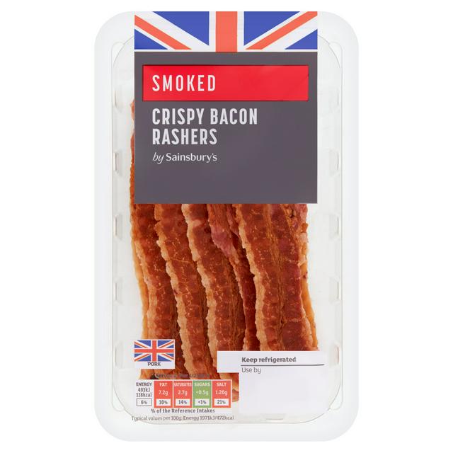 Sainsbury's British Smoked Cooked Crispy Bacon rashers 50g