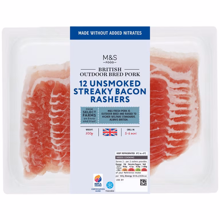 M&S British Outdoor Bred 12 Unsmoked Streaky Bacon Rashers