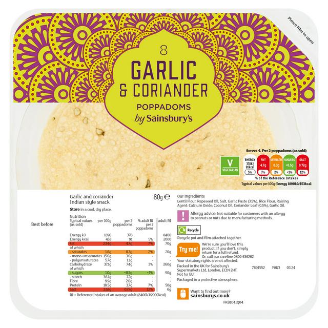 Sainsbury's Garlic & Coriander Poppadoms 80g