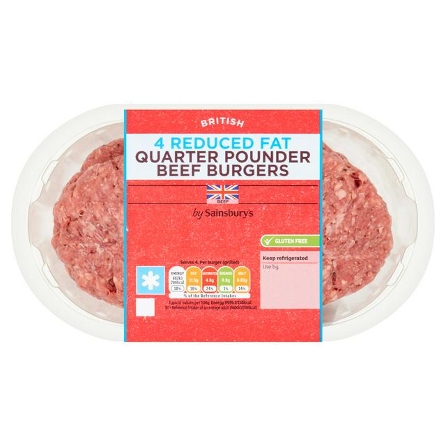 Sainsbury's 4 Reduced Fat Quarter Pounder Beef Burgers 454g