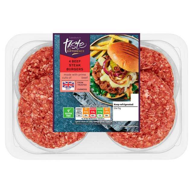 Sainsbury's 4 British Beef Steak Burgers, Taste the Difference 680g