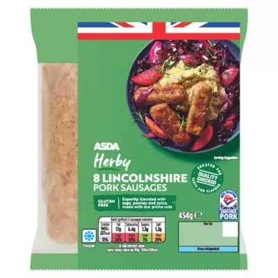 ASDA 8 Herby Lincolnshire Pork Sausages 454g