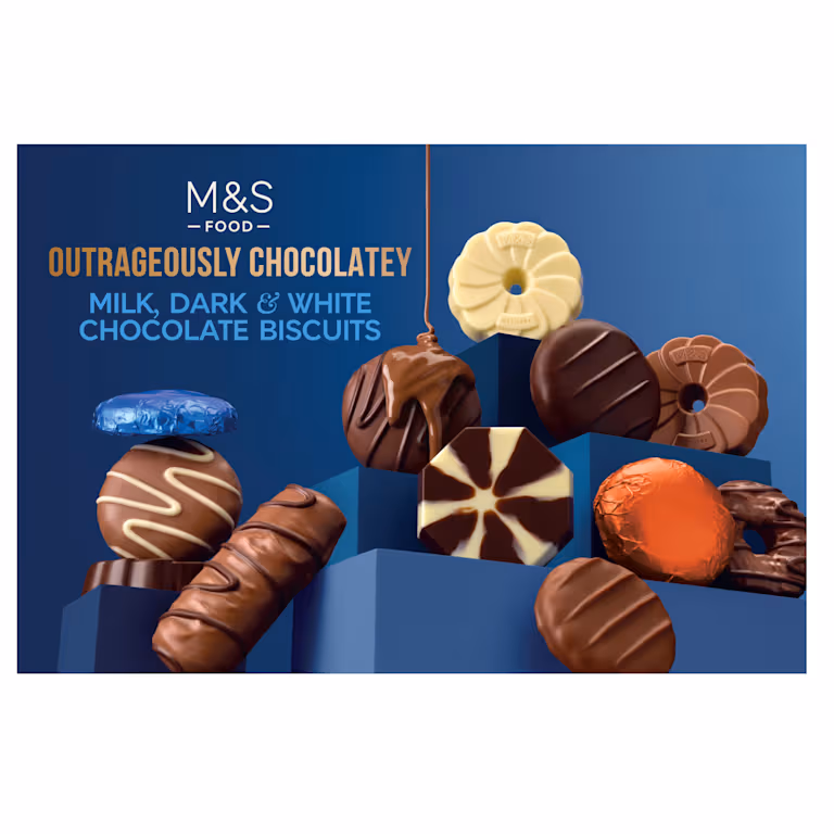 M&S Outrageously Chocolatey Milk, Dark and White Chocolate Biscuits